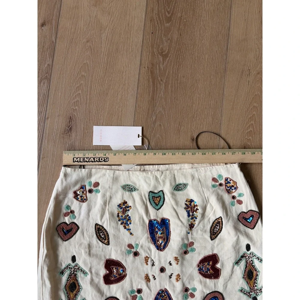 Ciebon Beaded Sequin Mini Skirt Cream Off-White Canvas Boho Festival Size‎ Large